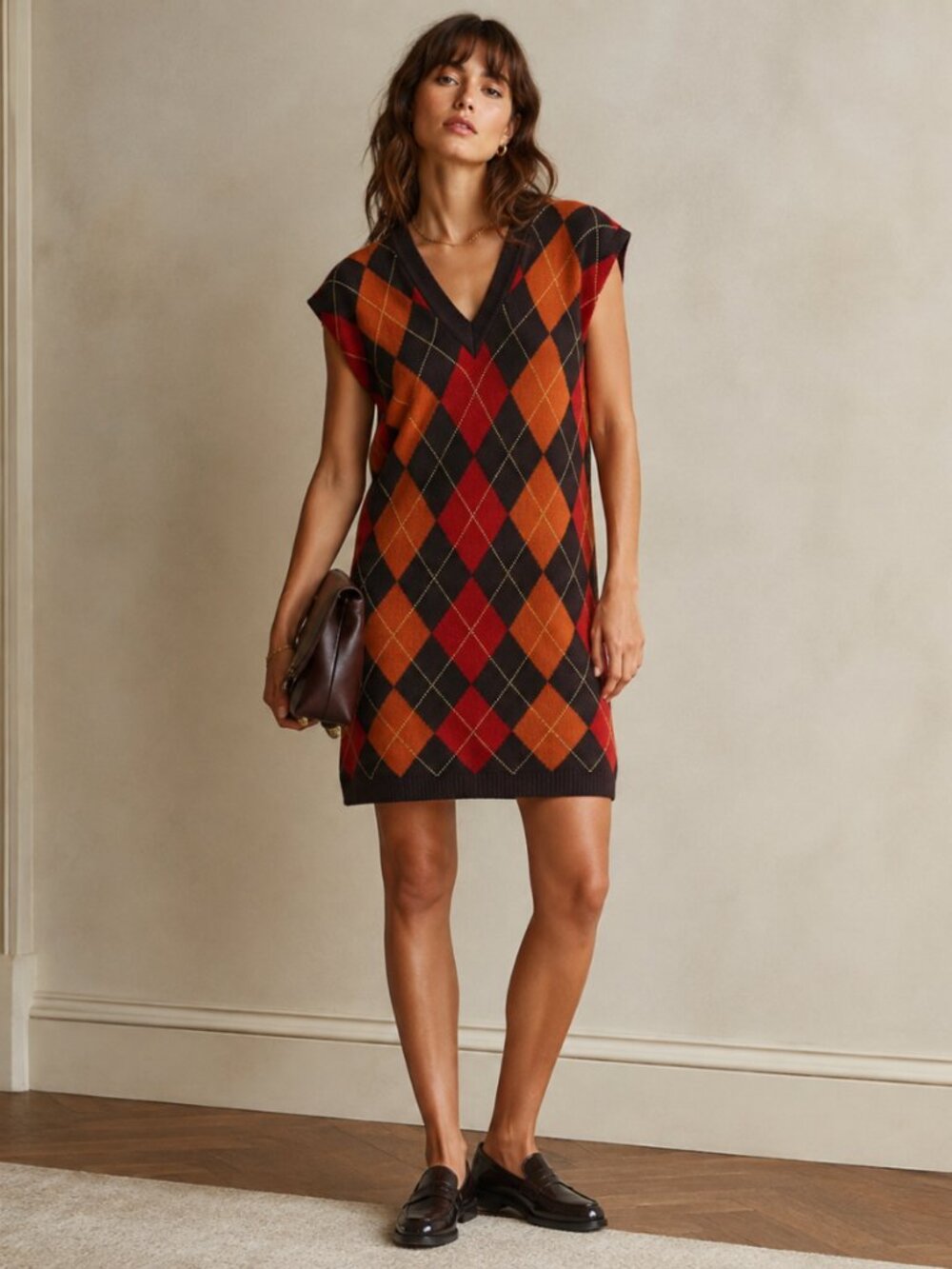 Semicouture Argyle Wool Blend V-Neck Sweater Mini Dress